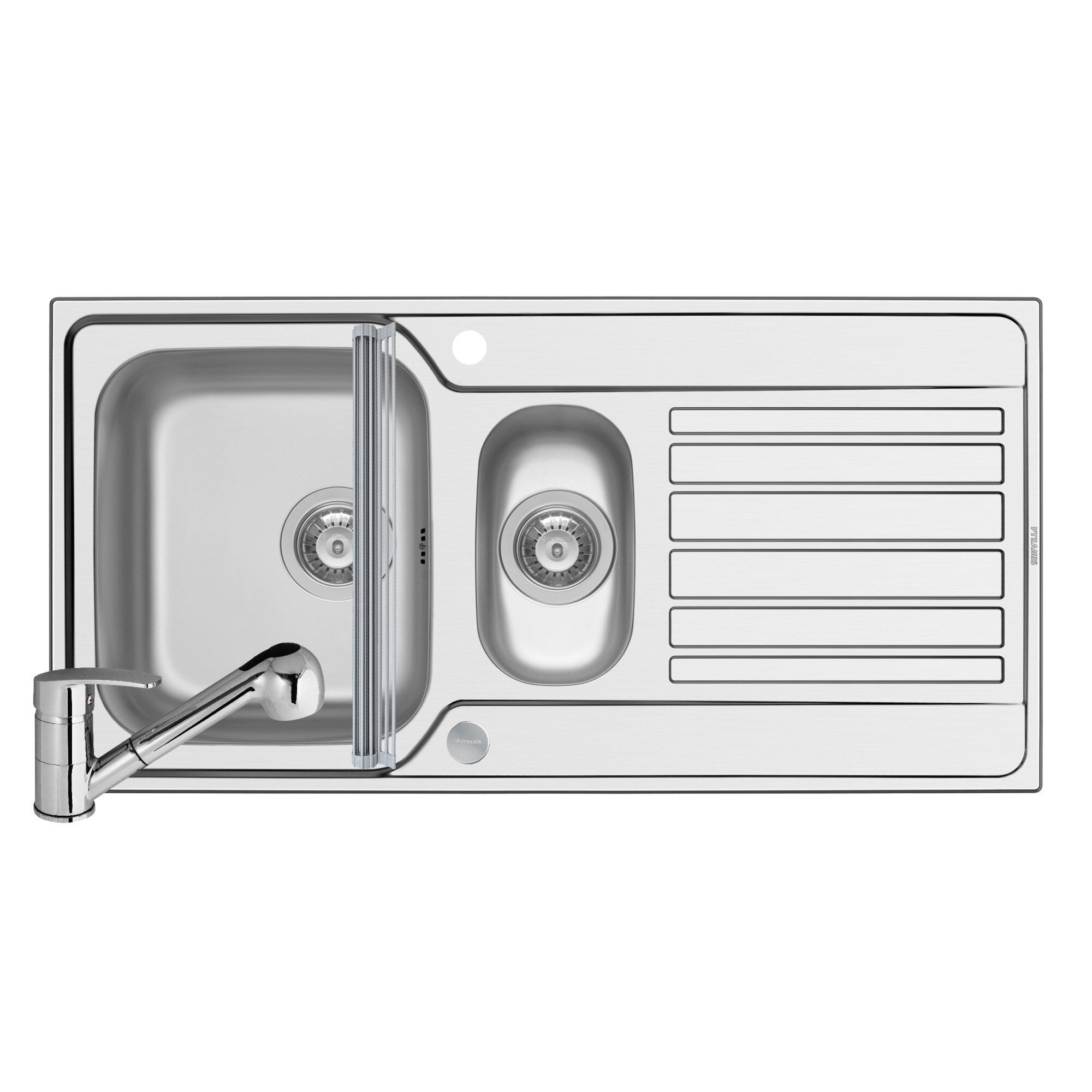 Pachet 3in1 chiuveta inox Pyramis Fedra baterie si ROLL UP 1000x500mm 2 cuve si picurator adancime 180mm pipa cu dus finisaj lucios