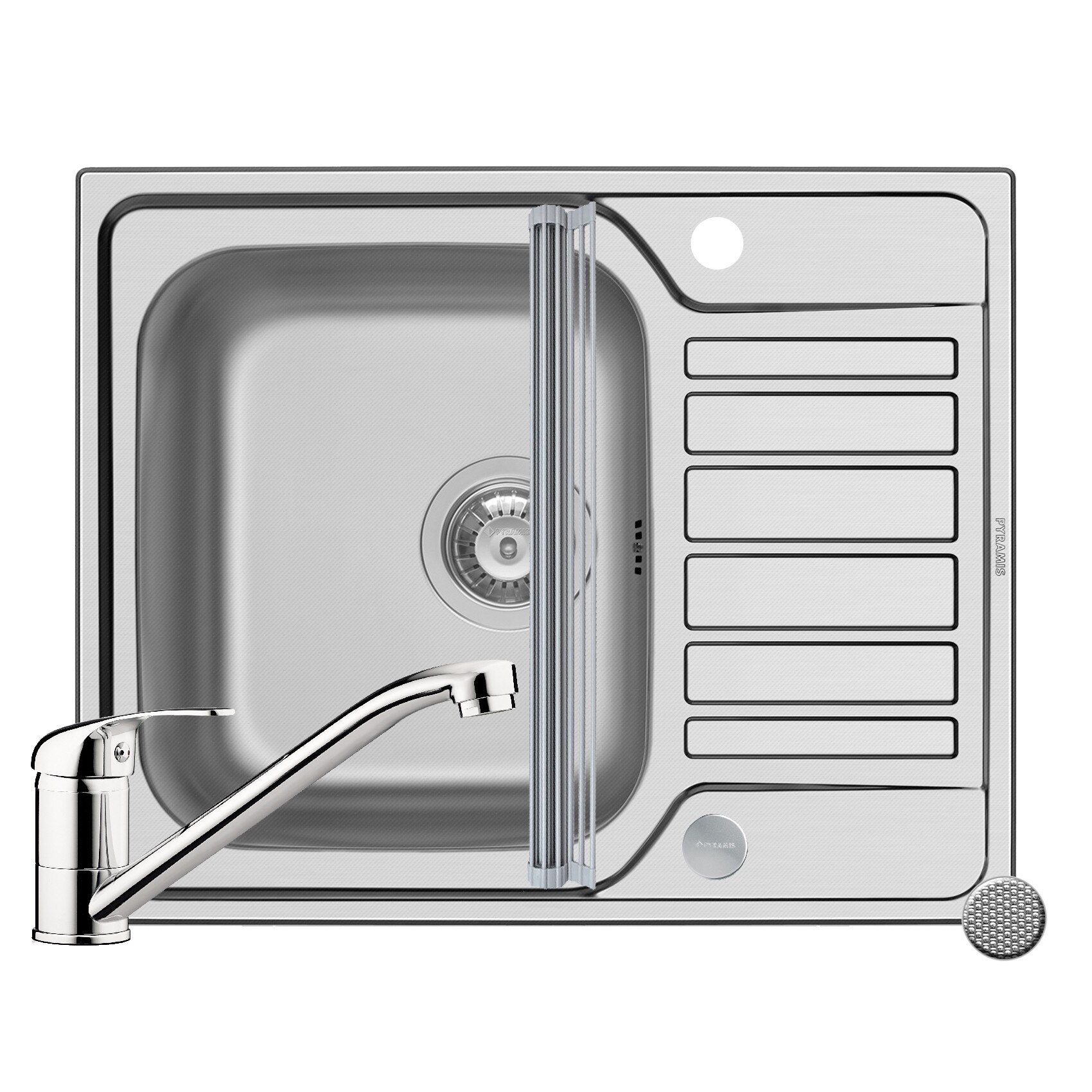 Pachet 3in1 chiuveta inox Pyramis Fedra baterie si ROLL UP 620x500mm 1 cuva si picurator adancime 180mm pipa standard finisaj texturat