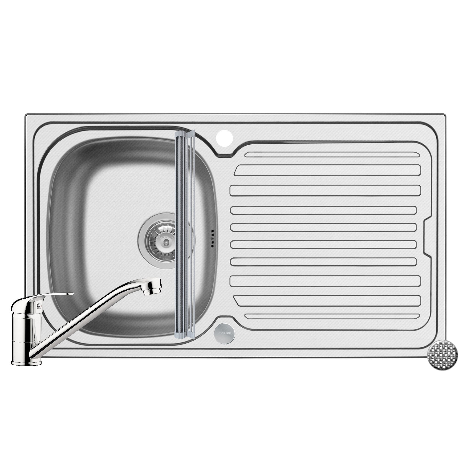 Pachet 3in1 chiuveta inox Pyramis Aurora baterie si ROLL UP 860x500mm 1 cuva si picurator adancime 150mm pipa standard finisaj texturat