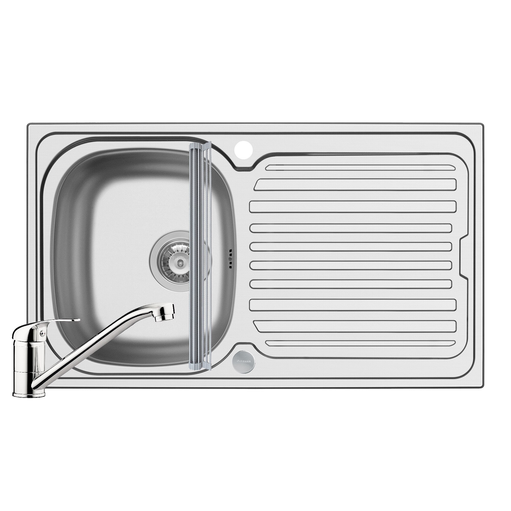 Pachet 3in1 chiuveta inox Pyramis Aurora baterie si ROLL UP 860x500mm 1 cuva si picurator adancime 150mm pipa standard finisaj lucios