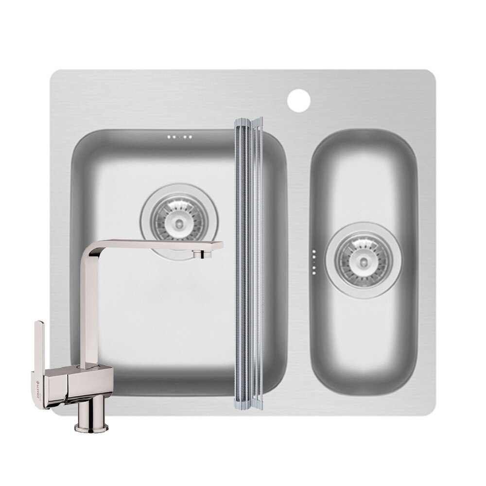Pachet 3in1 chiuveta inox Pyramis Zeria baterie si ROLL UP 580x520mm 2 cuve orientare stanga adancime 180mm pipa inalta dreapta finisaj lucios