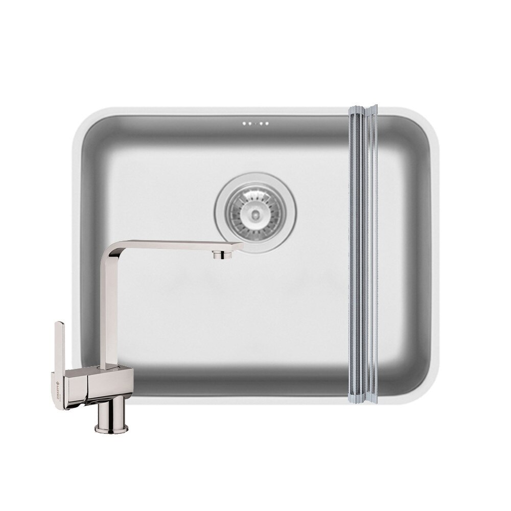 Pachet 3in1 chiuveta inox Pyramis Relia baterie si ROLL UP 500x400mm 1 cuva adancime 180mm pipa inalta dreapta finisaj lucios