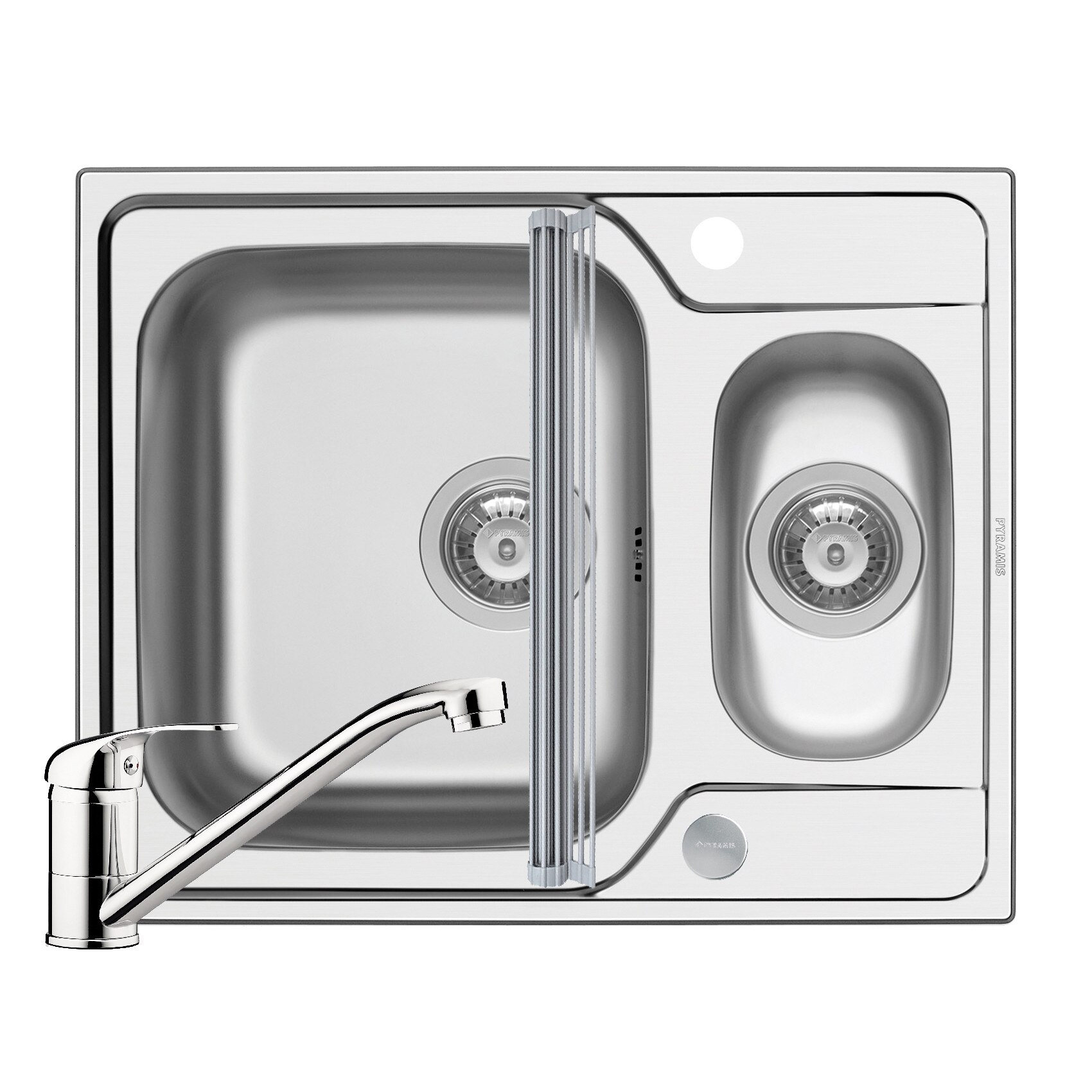 Pachet 3in1 chiuveta inox Pyramis Fedra baterie si ROLL UP 620x500mm 2 cuve adancime 180mm pipa standard finisaj lucios