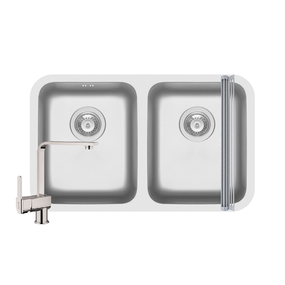 Pachet 3in1 chiuveta inox Pyramis Relia baterie si ROLL UP 740x450mm 2 cuve adancime 180mm pipa inalta dreapta finisaj lucios