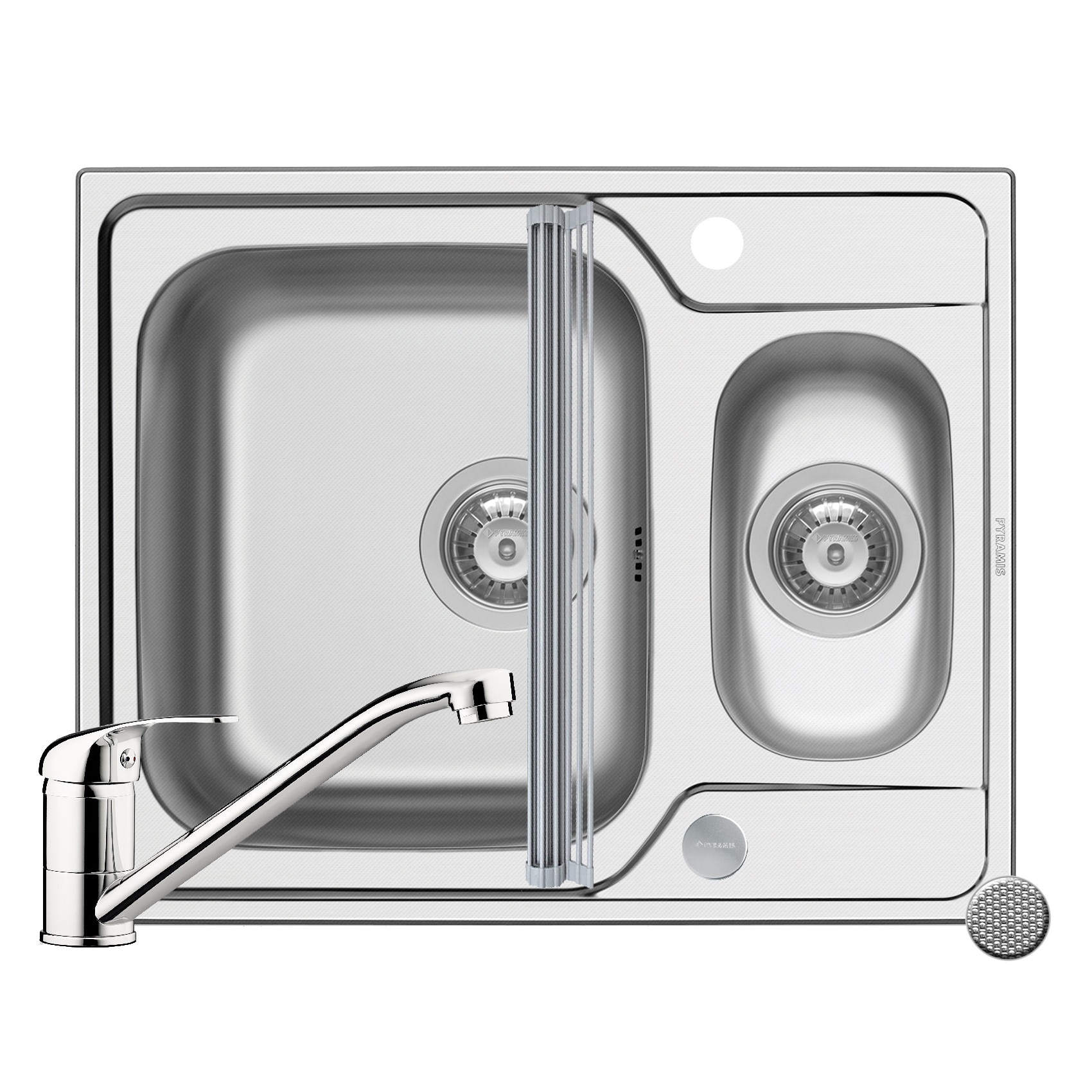 Pachet 3in1 chiuveta inox Pyramis Fedra baterie si ROLL UP 620x500mm 2 cuve adancime 180mm pipa standard finisaj texturat