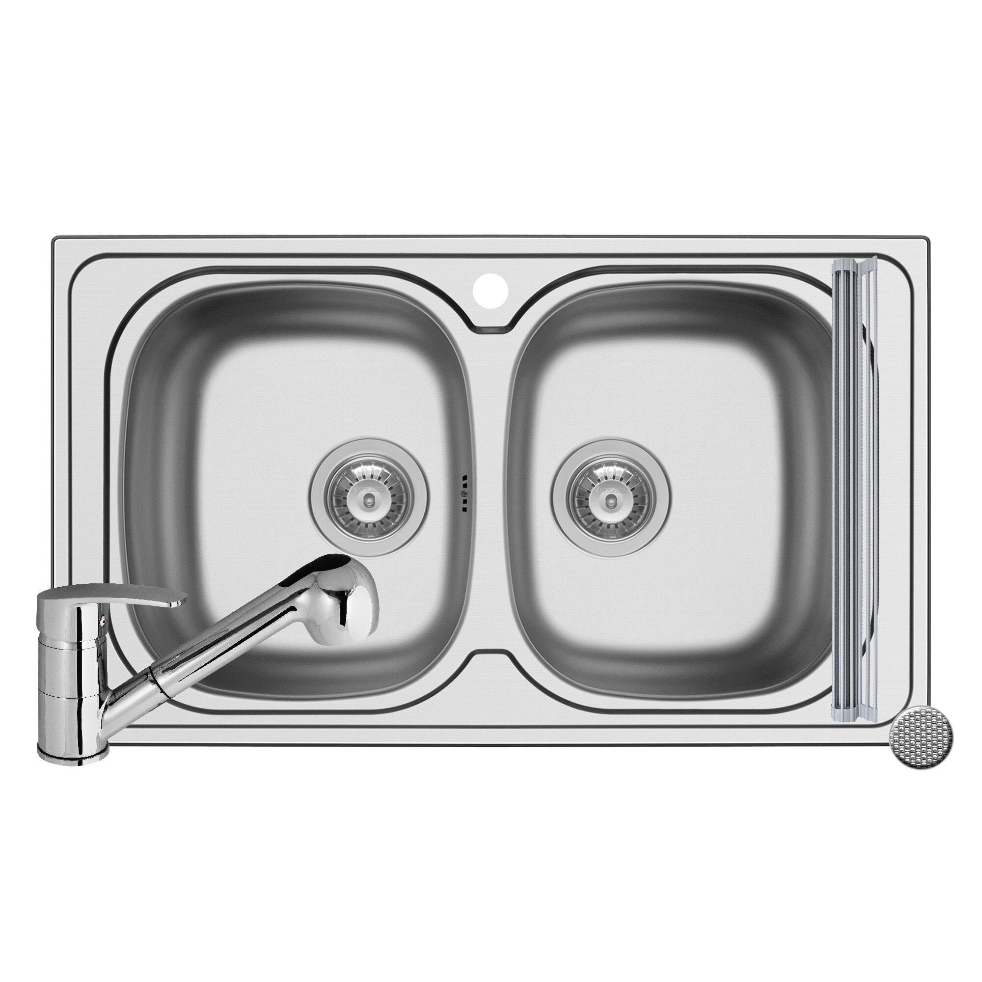 Pachet 3in1 chiuveta inox Pyramis Aurora baterie si ROLL UP 860x500mm 2 cuve adancime 150mm pipa cu dus finisaj texturat