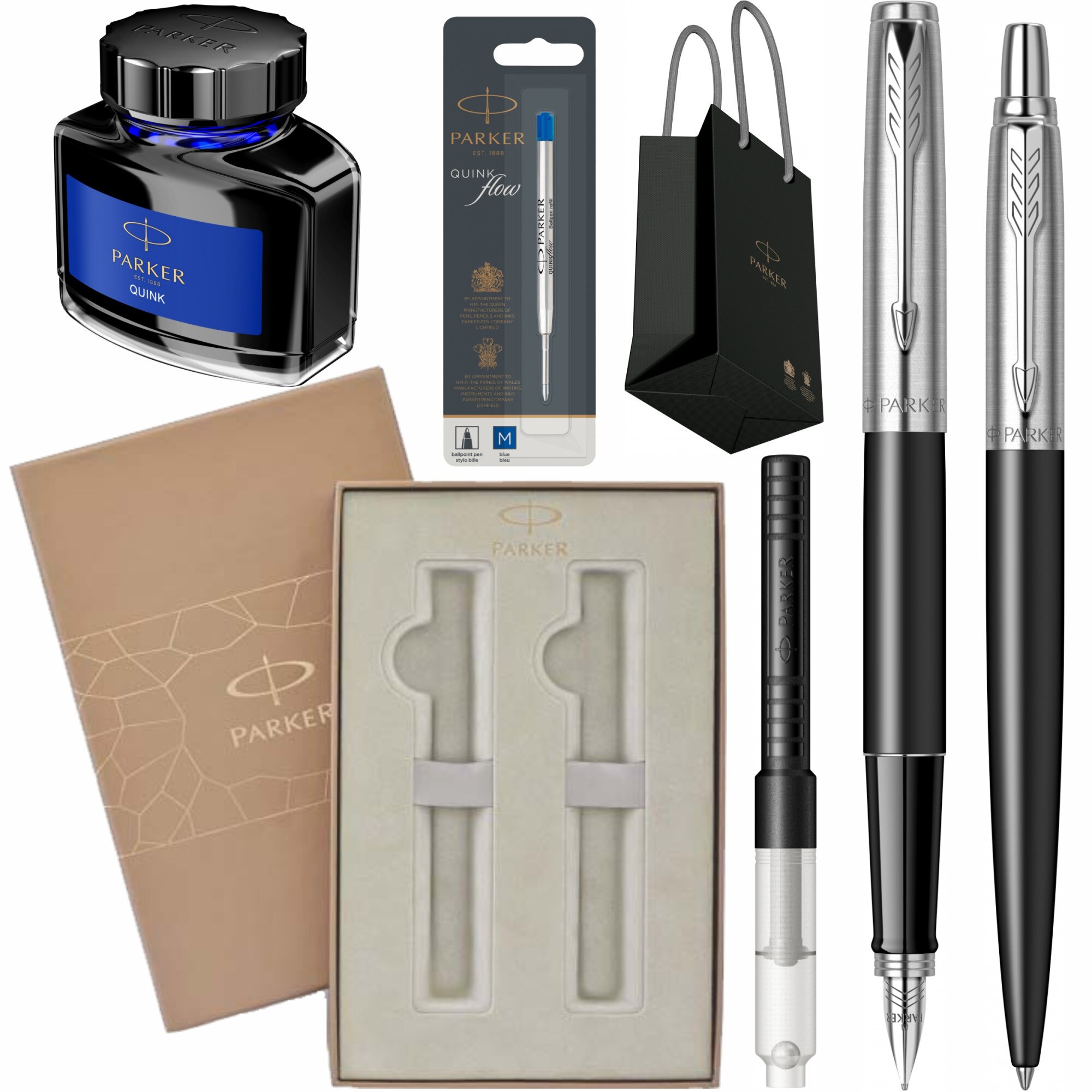 Set Parker Stilou Pix Jotter Royal Bond Street Black CT Personalizat prin Gravura Laser cu rezerva mina pix, convertor, calimara cerneala, cutie Premium Duo si punga