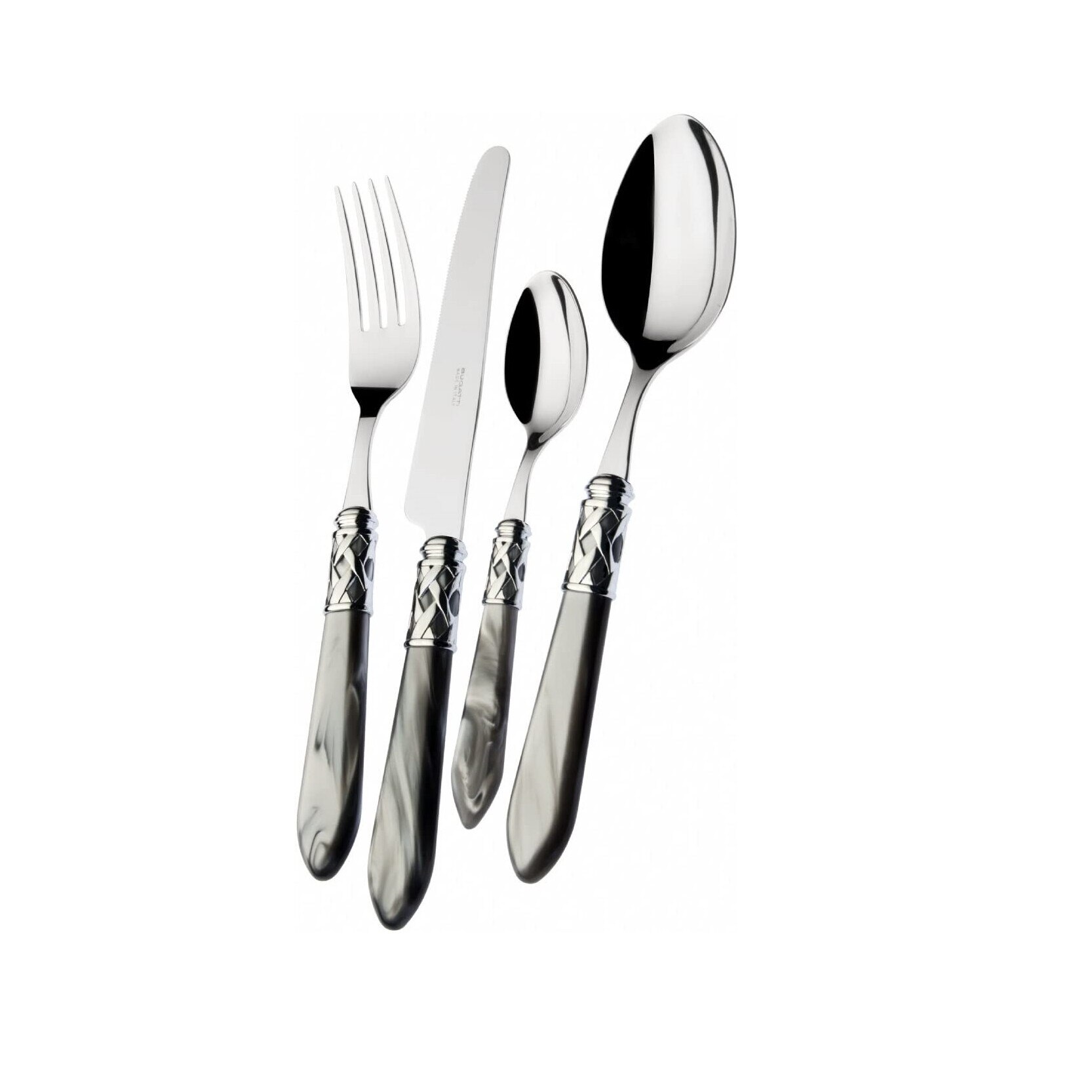 Set 24 tacamuri Casa Bugatti, Aladdin, design modern, elegant, pentru 6 persoane, material premium, cutie de lux de prezentare, finisaj oglinda, gri