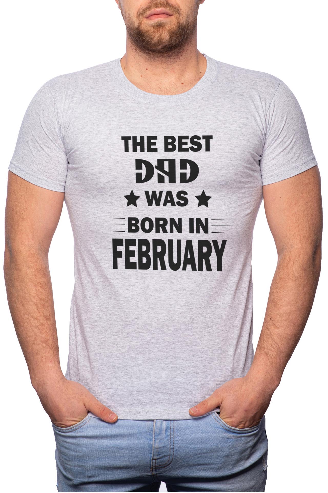Tricou barbati, Born In February, 100% Bumbac, GR104, Gri