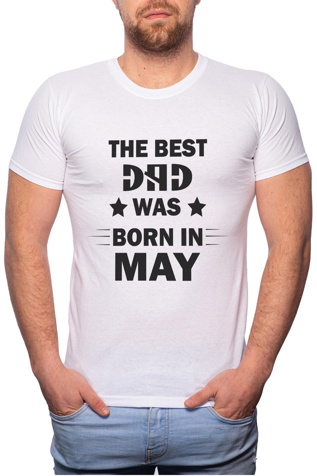 Tricou barbati, Born In May, 100% Bumbac, W107, Alb