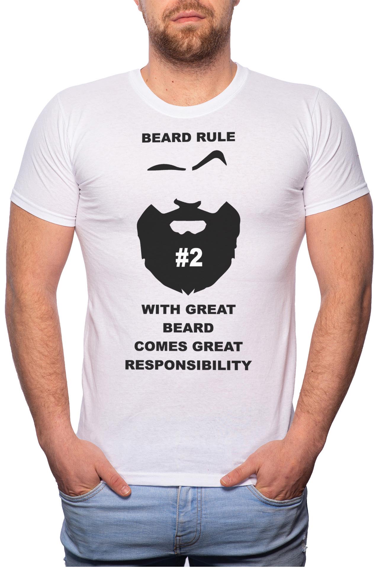 Tricou barbati, Beard Rule 2, 100% Bumbac, W117, Alb