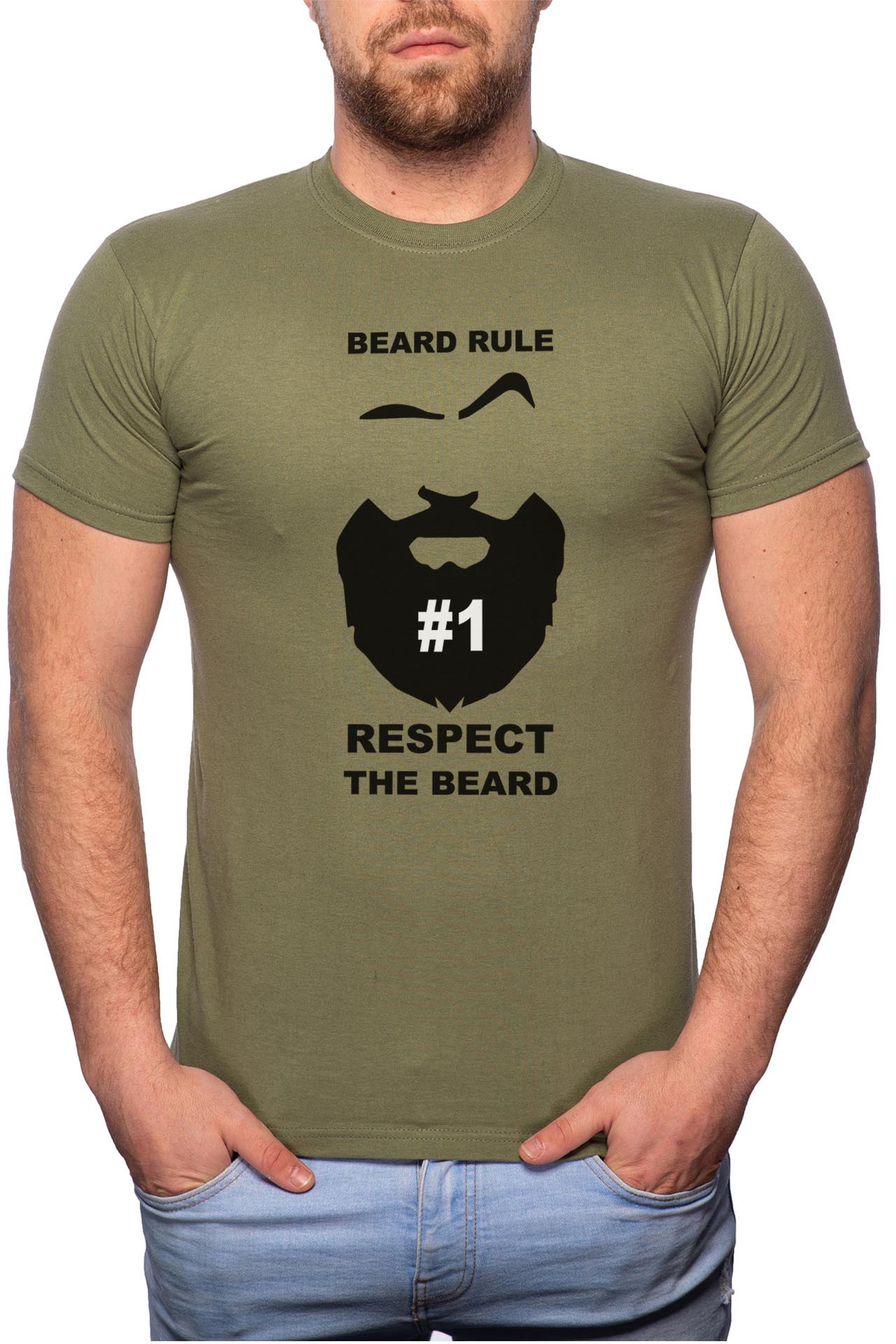 Tricou barbati, Beard Rule 1, 100% Bumbac, GM118, Verde militar