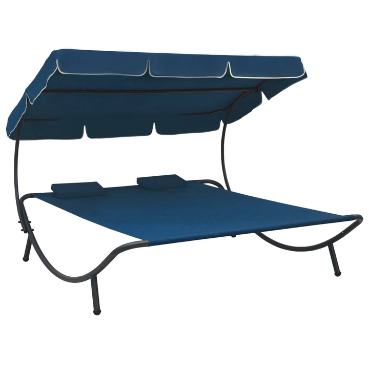 Pat sezlong de exterior cu baldachin si perne vidaXL, albastru, 200 x 173 x 135 cm