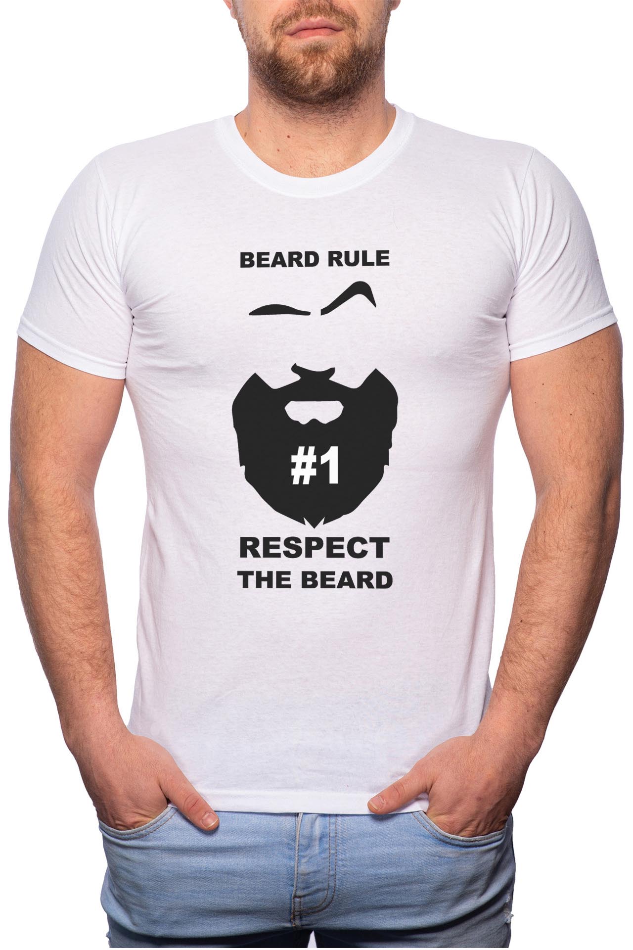 Tricou barbati, Beard Rule 1, 100% Bumbac, W118, Alb