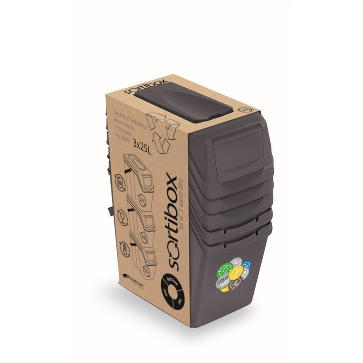 Cosuri de sortare selectiva a deseurilor Prosperplast Sortibox 3x25L - antracit