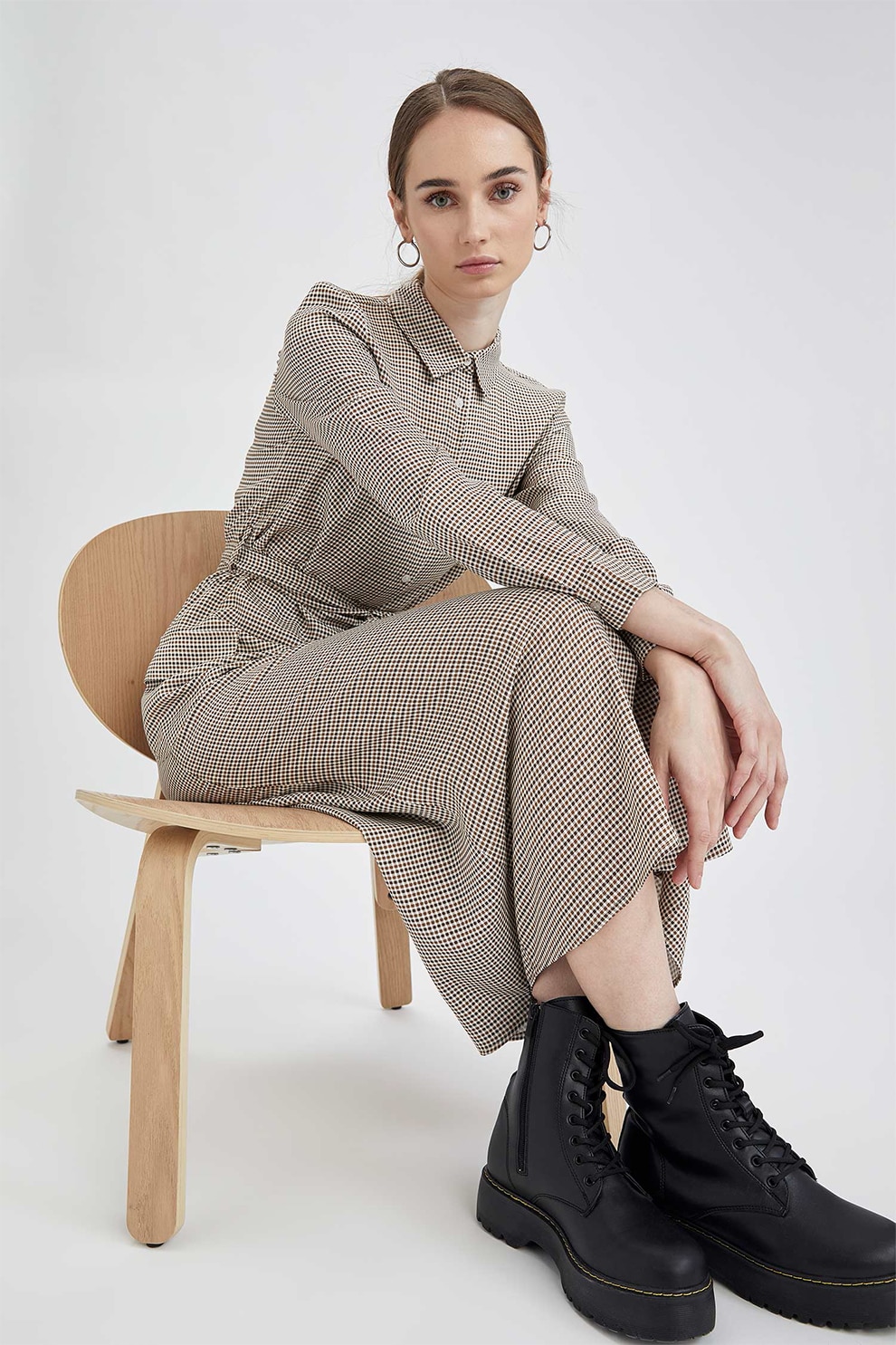 DeFacto, Rochie midi in carouri, Bej inchis/Maro scortisoara