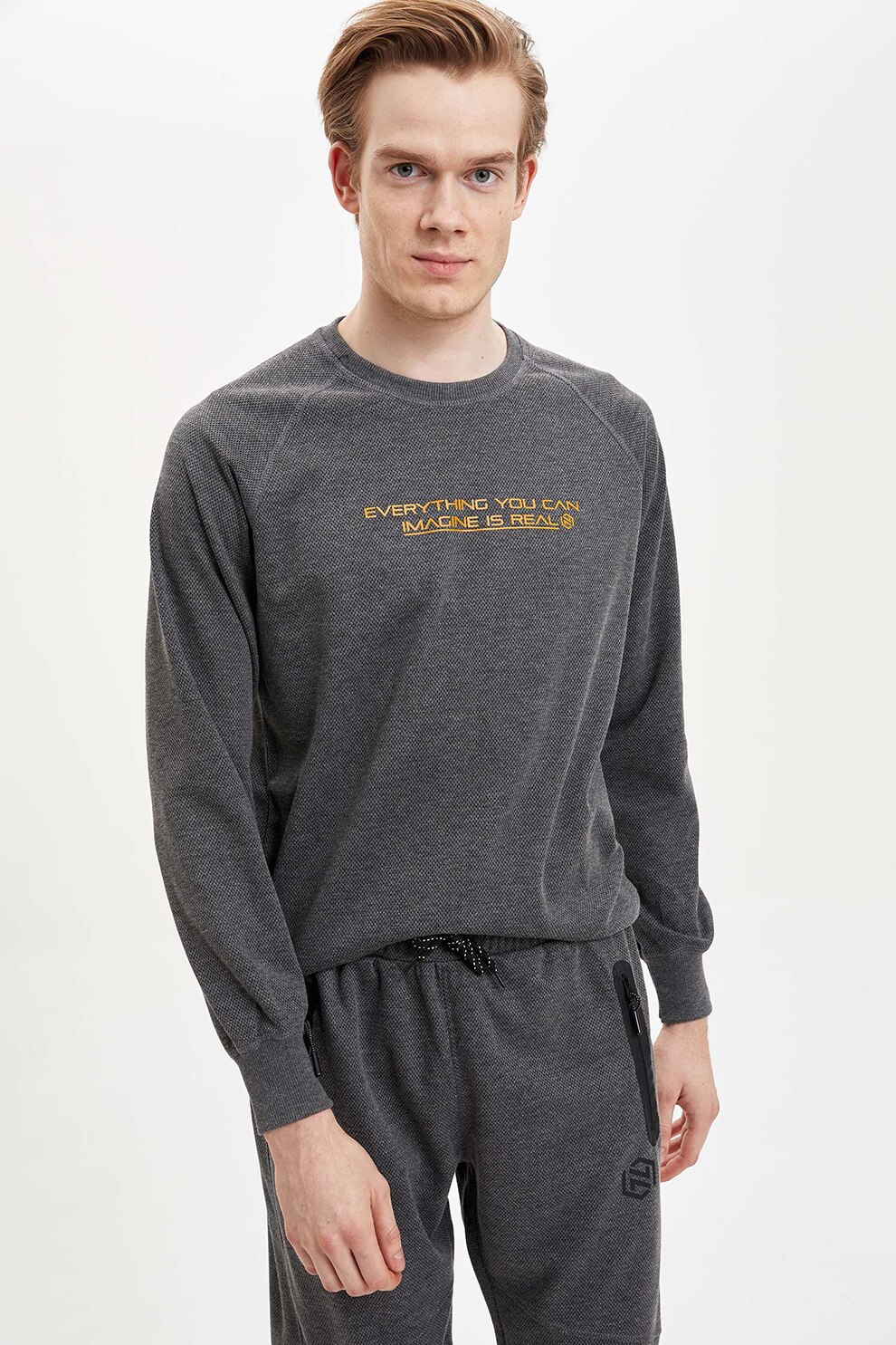 DeFacto, Bluza de casa cu maneci raglan, Gri inchis/Galben mustar, XS