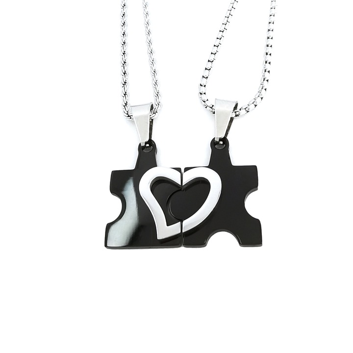 Set lantisoare cupluri cu pandantive indragostiti Puzzle, inox, PersonalStyle, negru, argintiu