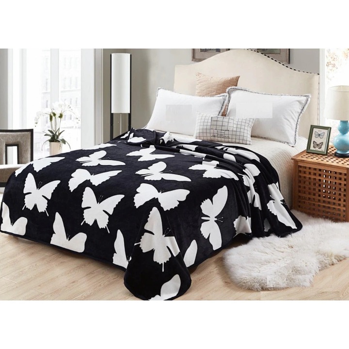 Двойно легло Cocolino Fly поларено одеяло с черно/бели пеперуди, 200x230см