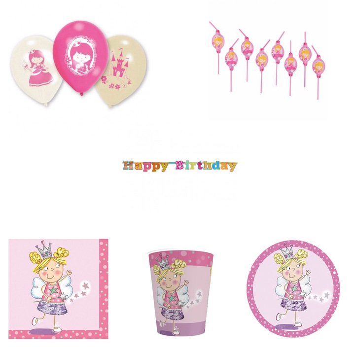 Set pentru petrecere, 51 piese, baloane, farfurii, pahare, servetele, baner, paie baut, model mica printesa, multicolor