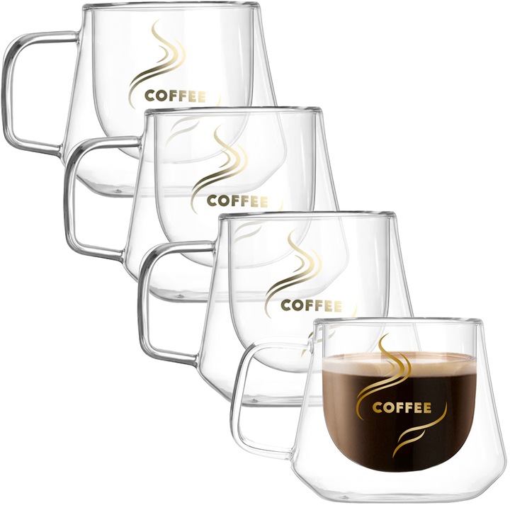 Set 4 cesti cafea 200 ml, din sticla cu pereti dubli, Quasar & Co.®, termorezistenta, model rotund, mesaj COFFEE
