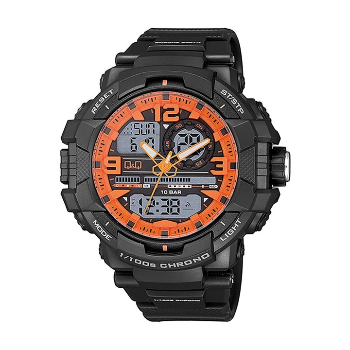 Мъжки часовник, Q&Q, Hybrid, Пластмаса, 55 mm, Водоустойчивост 10 ATM, Черен/Оранжев