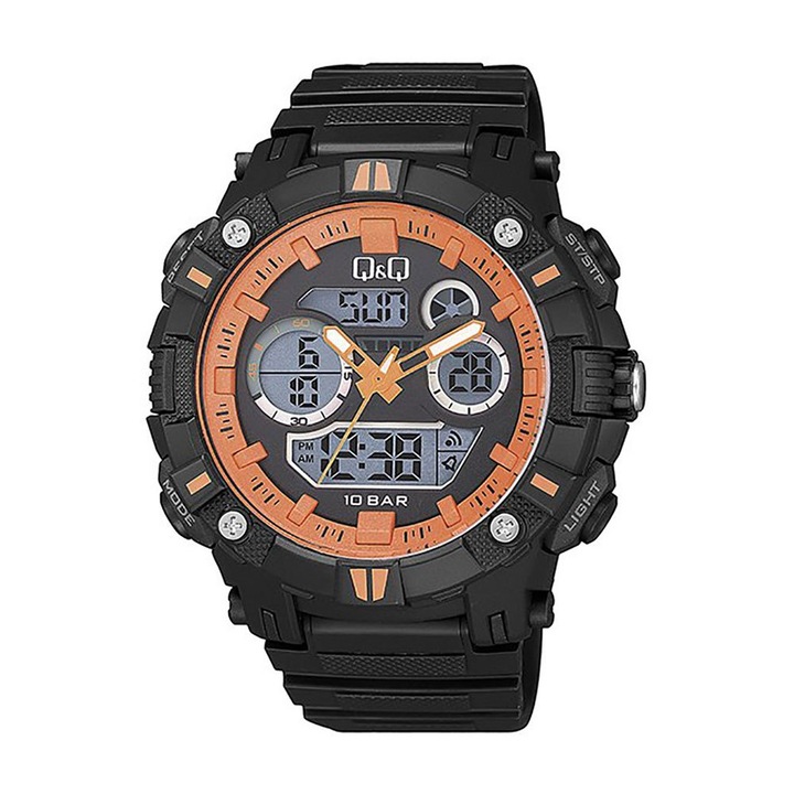 Мъжки часовник, Q&Q, Hybrid, Пластмаса, 51 mm, Водоустойчивост 10 ATM, Черен/Оранжев