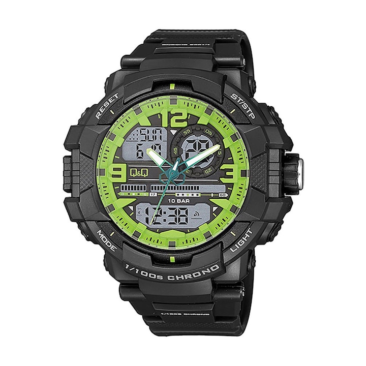 Мъжки часовник, Q&Q, Hybrid, Пластмаса, 55 mm, Водоустойчивост 10 ATM, Черен/Зелен
