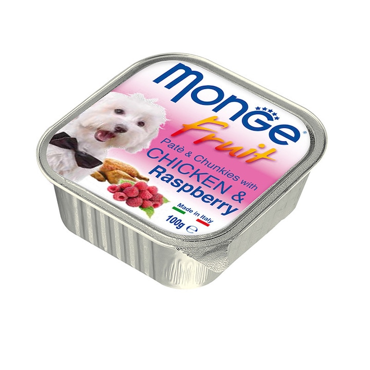 Hrana umeda pentru caini, Monge, Pui si zmeura, 12 buc x 100 g