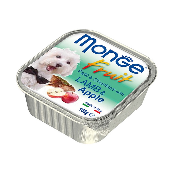 Hrana umeda pentru caini Monge Fruit, Miel si mere, 12 buc x 100 g