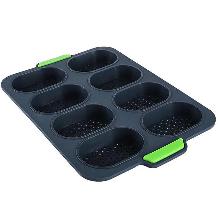 Тава за хлебчета/хляб/мъфини Quasar & Co.®, 8 отделения, перфорирана, силиконова, 34 х 24 см, сиво-зелена