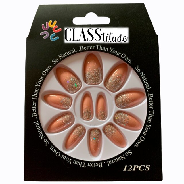 Set 12 unghii false autoadezive CLASStitude, tip press ON, tipsuri stiletto, model almond glossy Glitter Peach Nude