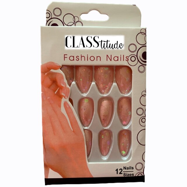 Set 12 unghii false autoadezive CLASStitude, tip press ON, tipsuri stiletto, model almond glossy cu paiete si glitter Peach