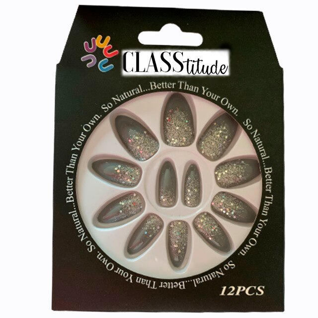 Set 12 unghii false autoadezive CLASStitude, tip press ON, tipsuri stiletto, model almond glossy Glitter Gri