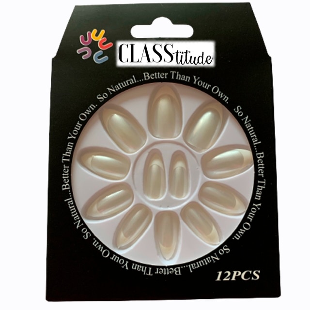 Set 12 unghii false autoadezive CLASStitude, tip press ON, tipsuri stiletto, model almond glossy french Alb Sidefat