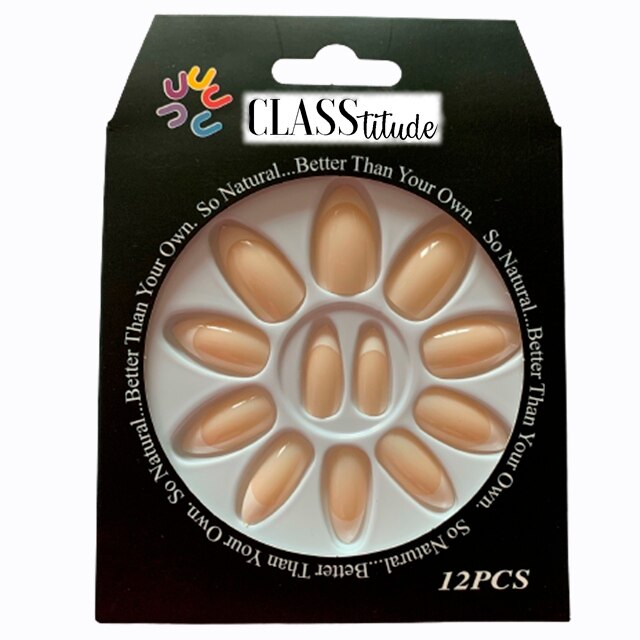 Set 12 unghii false autoadezive CLASStitude, tip press ON, tipsuri stiletto, model almond glossy french Light Nude