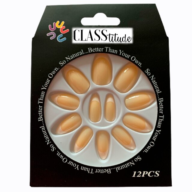 Set 12 unghii false autoadezive CLASStitude, tip press ON, tipsuri stiletto, model almond glossy french Yellow Nude