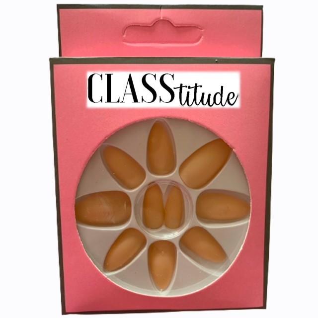 Set 12 unghii false autoadezive CLASStitude, tip press ON, tipsuri stiletto, model almond mat Light Nude