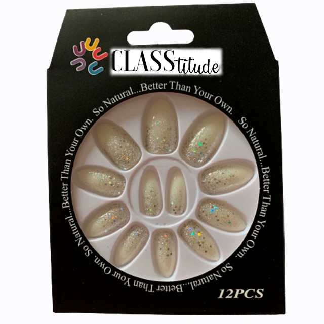 Set 12 unghii false autoadezive CLASStitude, tip press ON, tipsuri stiletto, model almond glossy Glitter Alb