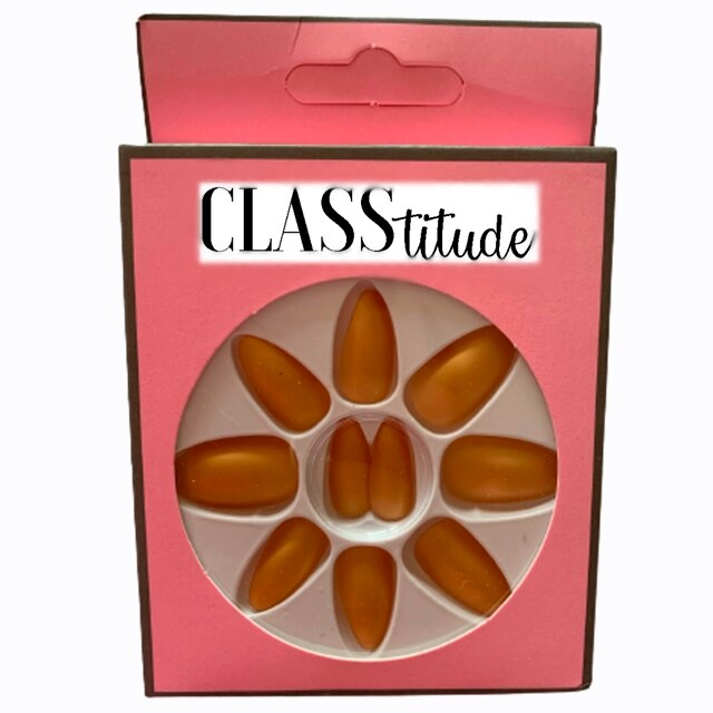 Set 12 unghii false autoadezive CLASStitude, tip press ON, tipsuri stiletto, model almond mat Auriu