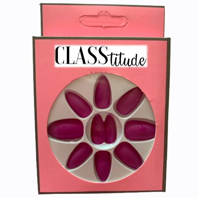 Set 12 unghii false autoadezive CLASStitude, tip press ON, tipsuri stiletto, model almond mat Magenta