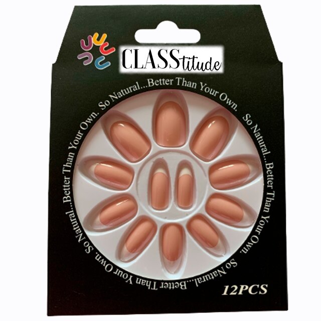 Set 12 unghii false autoadezive CLASStitude, tip press ON, tipsuri stiletto, model almond glossy french Medium Nude