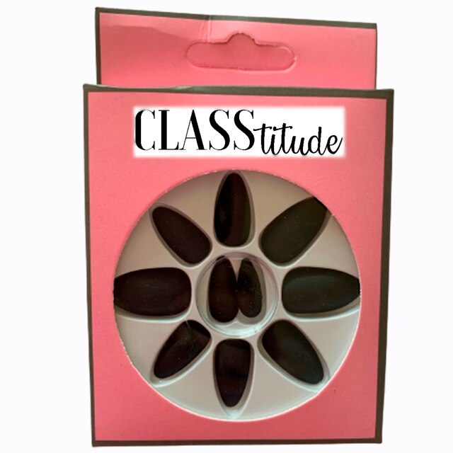 Set 12 unghii false autoadezive CLASStitude, tip press ON, tipsuri stiletto, model almond mat Negru