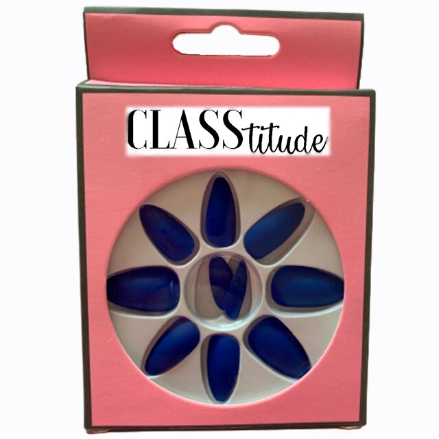 Set 12 unghii false autoadezive CLASStitude, tip press ON, tipsuri stiletto, model almond mat Albastru