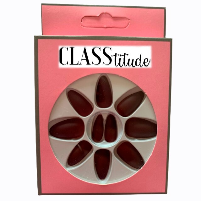 Set 12 unghii false autoadezive CLASStitude, tip press ON, tipsuri stiletto, model almond mat Burgundy-Visiniu