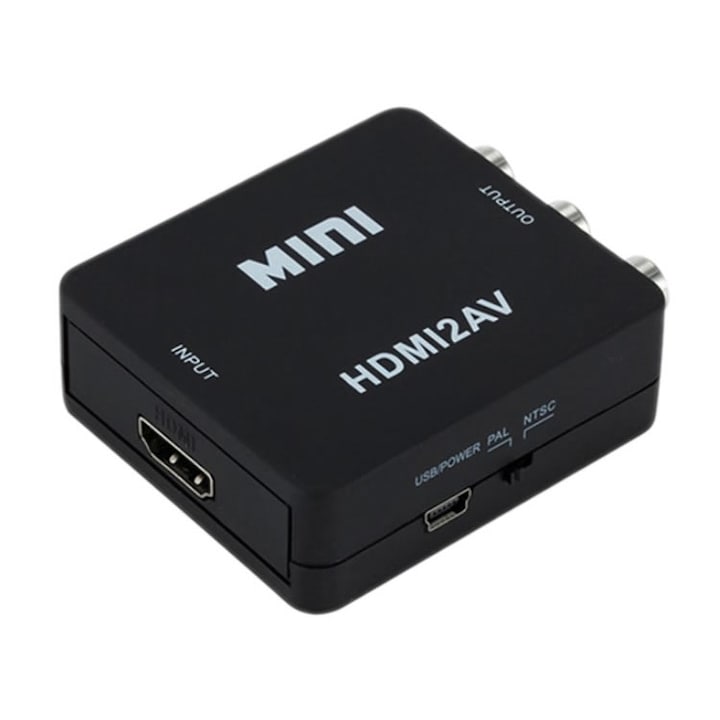 Adaptor HDMI la AV, Active, Full HD, convertor HDMI digital la 3 x RCA analog, cu mufa video si sunet audio mama, cablu alimentare USB 5V