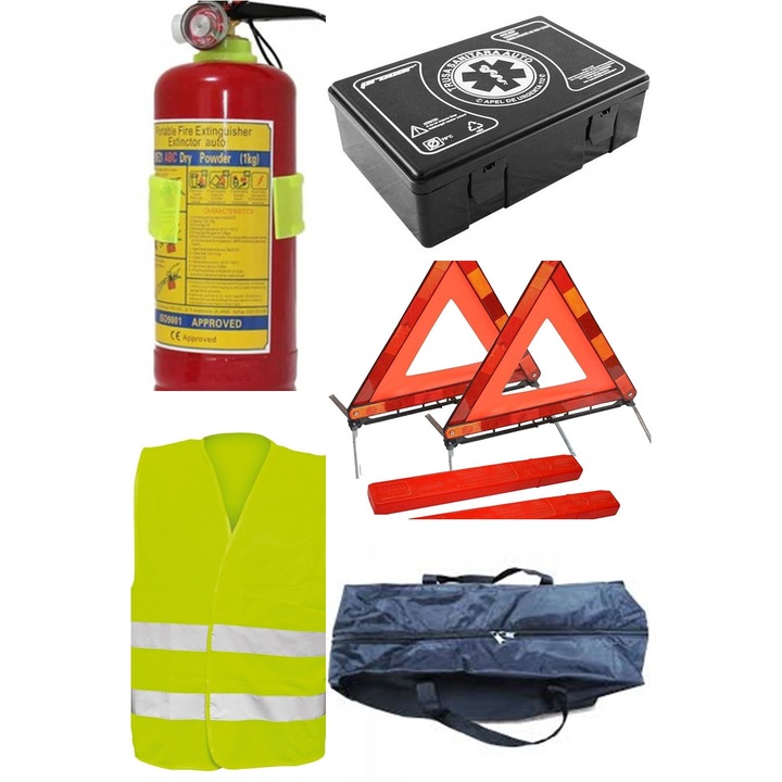 Комплект за пътна безопасност BMG, Медицински комплект / пожарогасител с манометър / 2 х светлоотразителен триъгълник / светлоотразителна жилетка / чанта