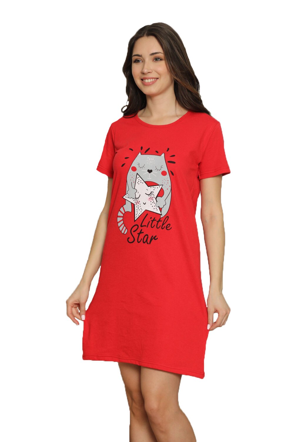 Rochie de casa din bumbac Serena, culoare rosu, imprimeu little star, marimea S