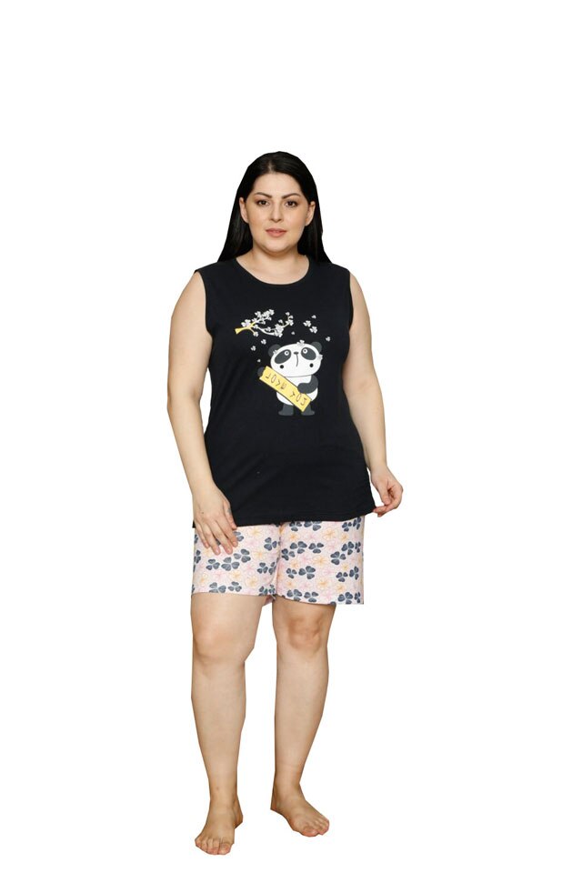 Pijama dama big size din bumbac Serena, imprimeu panda, Negru