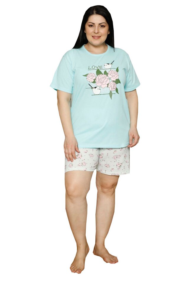 Pijama dama big size din bumbac Serena, imprimeu love, Albastru